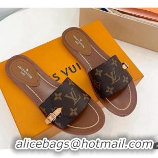 Grade Quality Louis Vuitton Monogram Canvas Flat Slide Sandals with Buckle Brown 322017