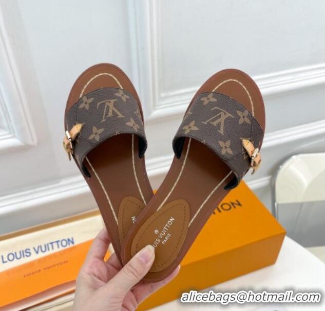 Grade Quality Louis Vuitton Monogram Canvas Flat Slide Sandals with Buckle Brown 322017