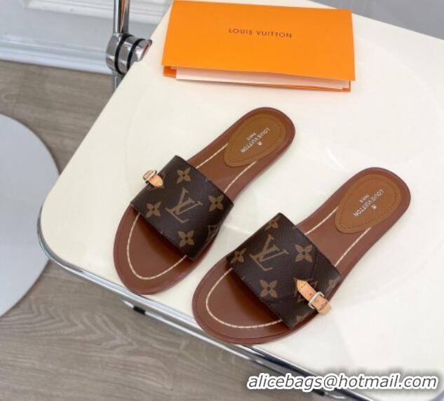 Grade Quality Louis Vuitton Monogram Canvas Flat Slide Sandals with Buckle Brown 322017