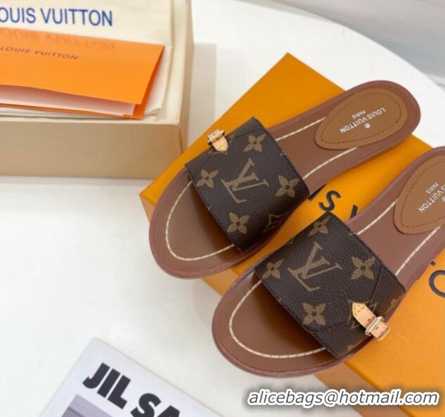 Grade Quality Louis Vuitton Monogram Canvas Flat Slide Sandals with Buckle Brown 322017