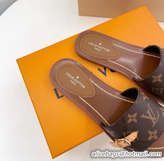 Grade Quality Louis Vuitton Monogram Canvas Flat Slide Sandals with Buckle Brown 322017