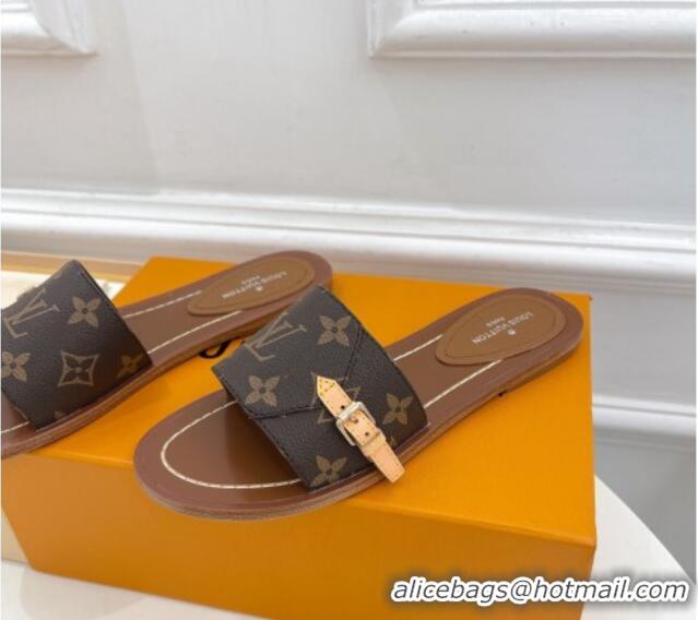 Grade Quality Louis Vuitton Monogram Canvas Flat Slide Sandals with Buckle Brown 322017