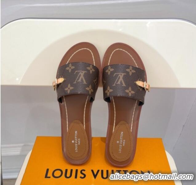 Grade Quality Louis Vuitton Monogram Canvas Flat Slide Sandals with Buckle Brown 322017