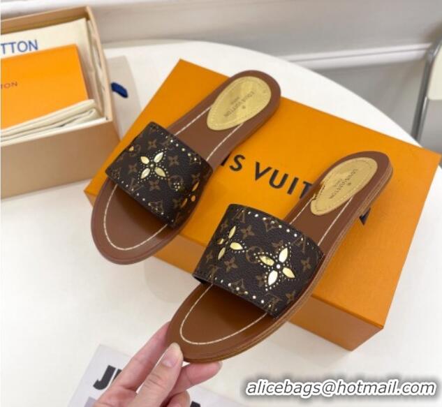 Duplicate Louis Vuitton Flat Slide Sandals Monogram Canvas/Gold 322020