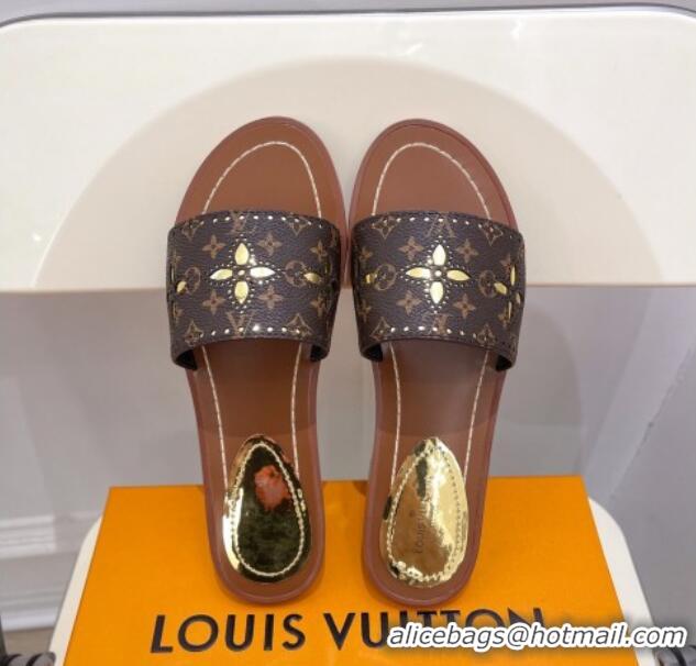 Duplicate Louis Vuitton Flat Slide Sandals Monogram Canvas/Gold 322020