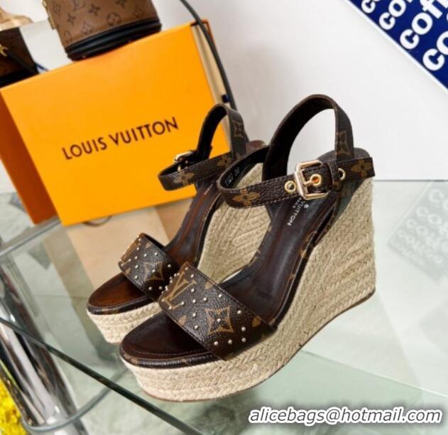 Cheap Price Louis Vuitton Starboard Wedge Sandal 10cm in Studded Monogram Canvas and Leather 322028