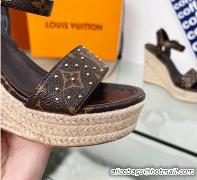 Cheap Price Louis Vuitton Starboard Wedge Sandal 10cm in Studded Monogram Canvas and Leather 322028