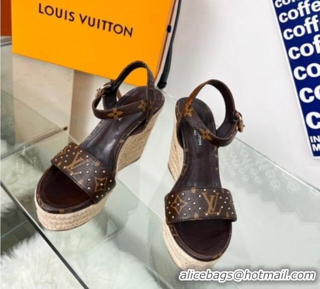 Cheap Price Louis Vuitton Starboard Wedge Sandal 10cm in Studded Monogram Canvas and Leather 322028