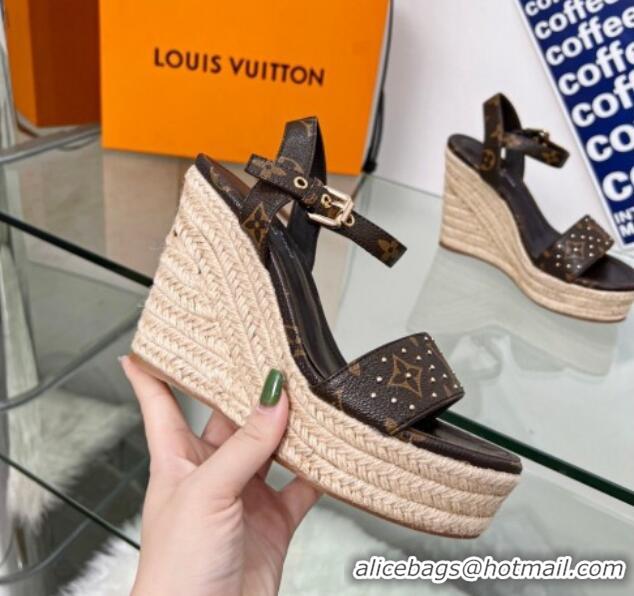 Cheap Price Louis Vuitton Starboard Wedge Sandal 10cm in Studded Monogram Canvas and Leather 322028