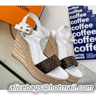 Sophisticated Louis Vuitton Starboard Wedge Sandal 10cm in Studded Monogram Canvas and Leather White 322029