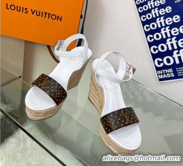 Sophisticated Louis Vuitton Starboard Wedge Sandal 10cm in Studded Monogram Canvas and Leather White 322029