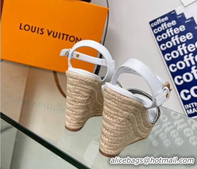 Sophisticated Louis Vuitton Starboard Wedge Sandal 10cm in Studded Monogram Canvas and Leather White 322029