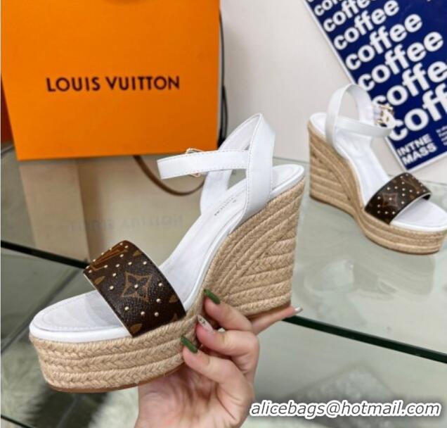 Sophisticated Louis Vuitton Starboard Wedge Sandal 10cm in Studded Monogram Canvas and Leather White 322029