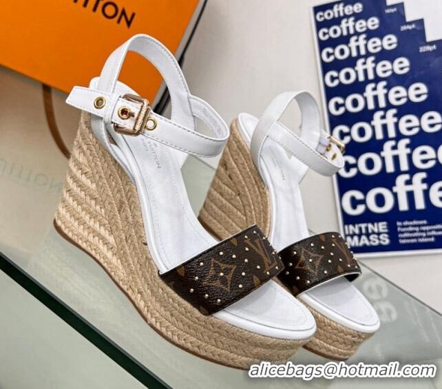 Sophisticated Louis Vuitton Starboard Wedge Sandal 10cm in Studded Monogram Canvas and Leather White 322029