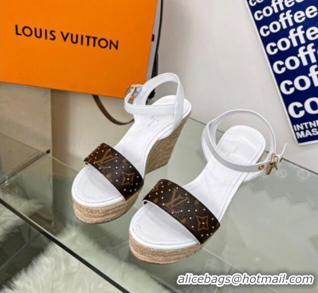 Sophisticated Louis Vuitton Starboard Wedge Sandal 10cm in Studded Monogram Canvas and Leather White 322029