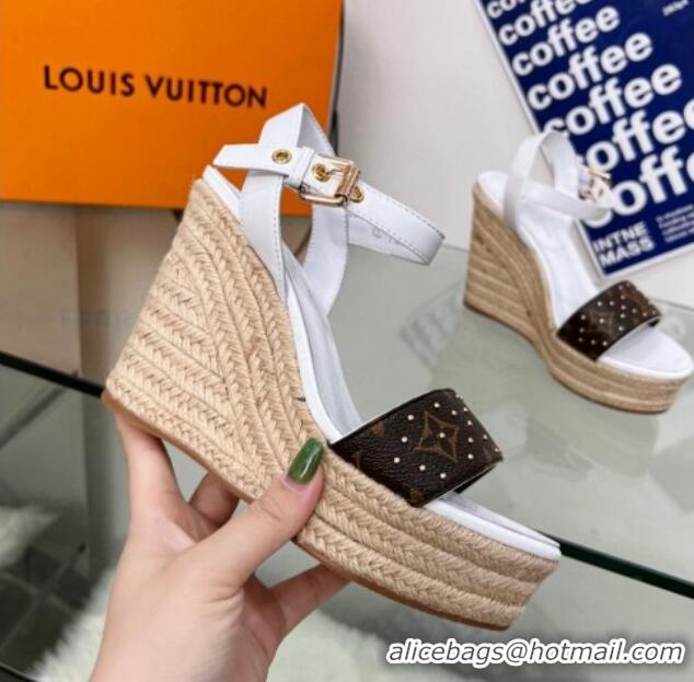 Sophisticated Louis Vuitton Starboard Wedge Sandal 10cm in Studded Monogram Canvas and Leather White 322029