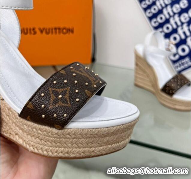 Sophisticated Louis Vuitton Starboard Wedge Sandal 10cm in Studded Monogram Canvas and Leather White 322029