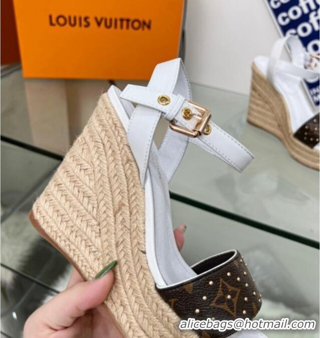 Sophisticated Louis Vuitton Starboard Wedge Sandal 10cm in Studded Monogram Canvas and Leather White 322029