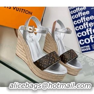 Best Product Louis Vuitton Starboard Wedge Sandal 10cm in Studded Monogram Canvas and Leather Silver 322030