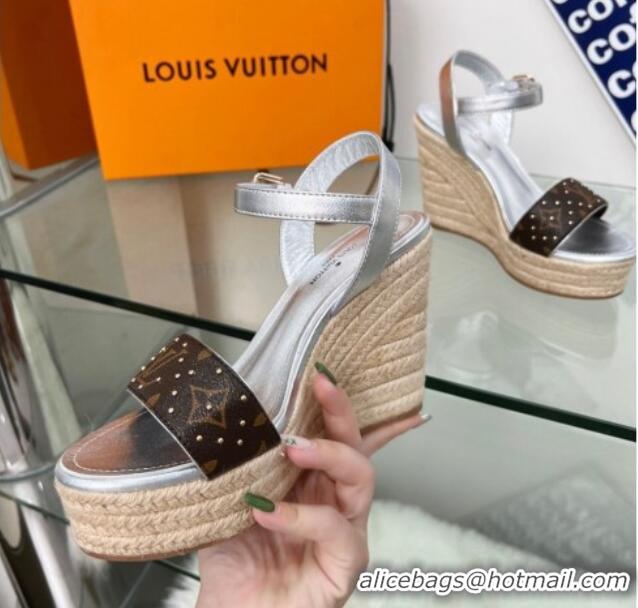 Best Product Louis Vuitton Starboard Wedge Sandal 10cm in Studded Monogram Canvas and Leather Silver 322030