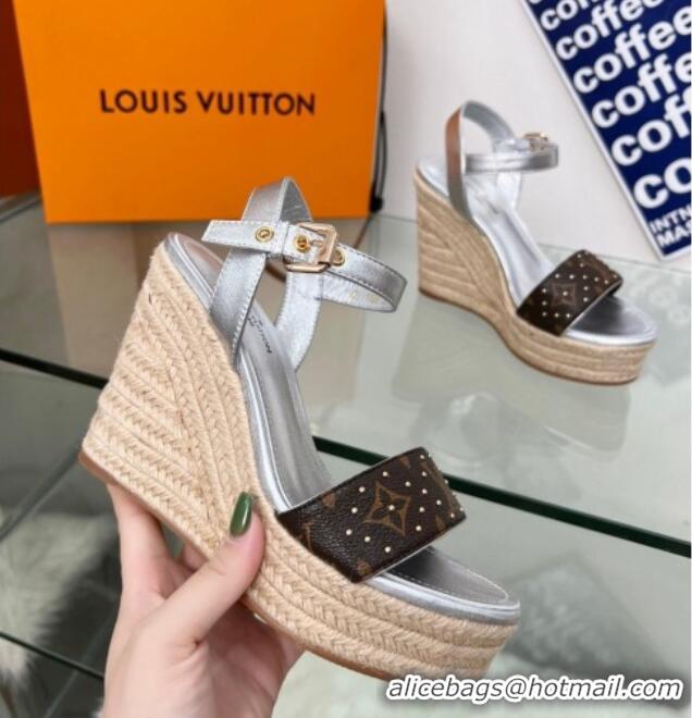 Best Product Louis Vuitton Starboard Wedge Sandal 10cm in Studded Monogram Canvas and Leather Silver 322030