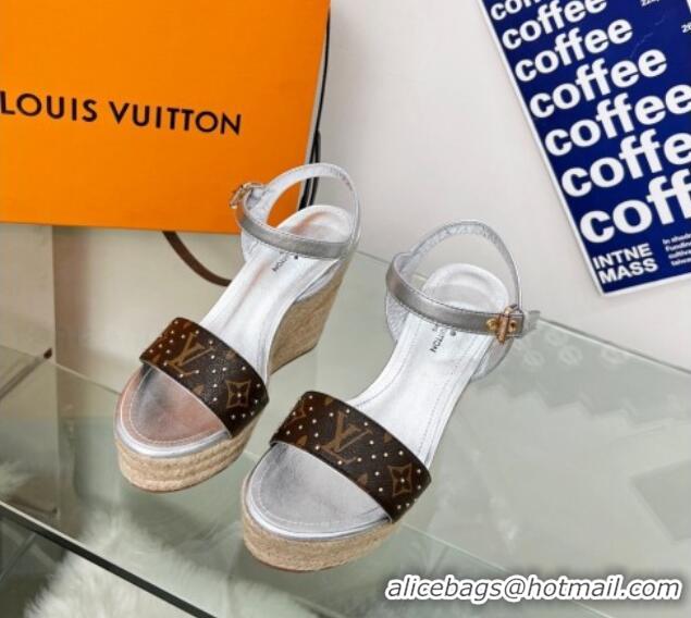 Best Product Louis Vuitton Starboard Wedge Sandal 10cm in Studded Monogram Canvas and Leather Silver 322030