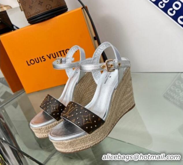 Best Product Louis Vuitton Starboard Wedge Sandal 10cm in Studded Monogram Canvas and Leather Silver 322030