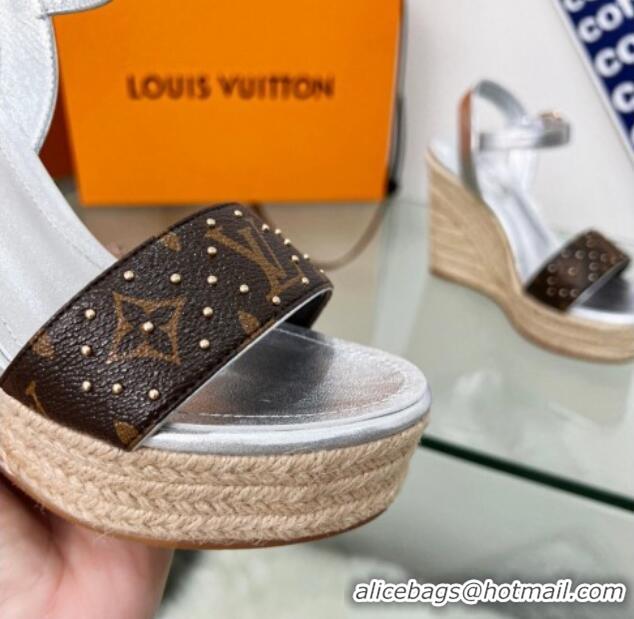 Best Product Louis Vuitton Starboard Wedge Sandal 10cm in Studded Monogram Canvas and Leather Silver 322030