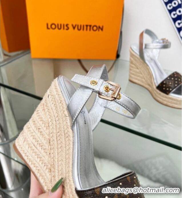 Best Product Louis Vuitton Starboard Wedge Sandal 10cm in Studded Monogram Canvas and Leather Silver 322030