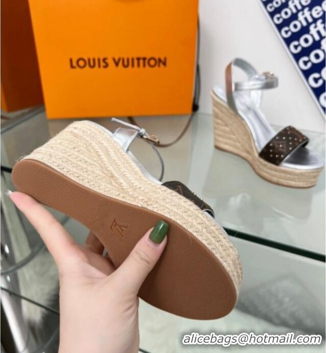 Best Product Louis Vuitton Starboard Wedge Sandal 10cm in Studded Monogram Canvas and Leather Silver 322030