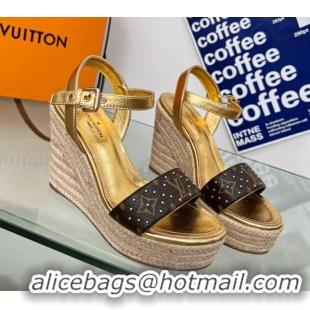 Stylish Louis Vuitton Starboard Wedge Sandal 10cm in Studded Monogram Canvas and Leather Gold 322031