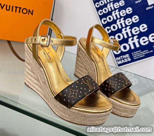 Stylish Louis Vuitton Starboard Wedge Sandal 10cm in Studded Monogram Canvas and Leather Gold 322031