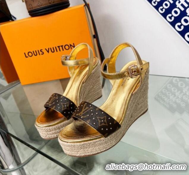 Stylish Louis Vuitton Starboard Wedge Sandal 10cm in Studded Monogram Canvas and Leather Gold 322031