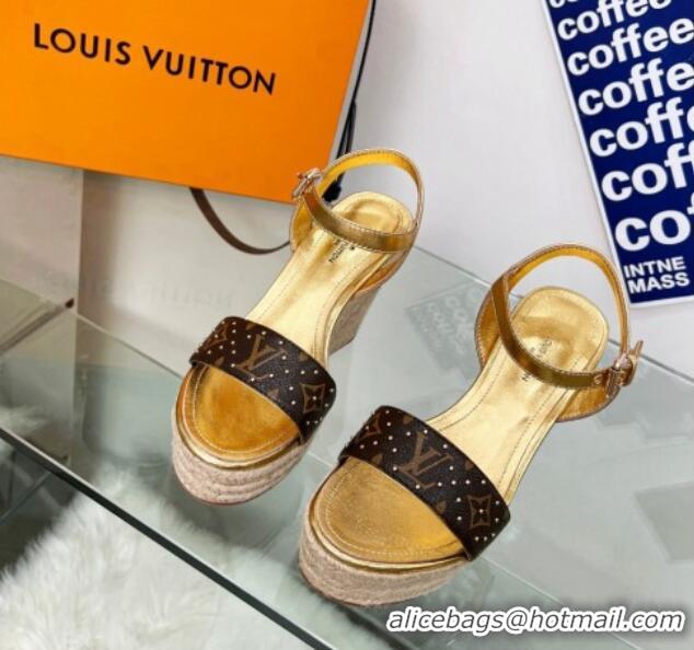 Stylish Louis Vuitton Starboard Wedge Sandal 10cm in Studded Monogram Canvas and Leather Gold 322031