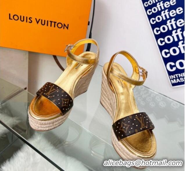 Stylish Louis Vuitton Starboard Wedge Sandal 10cm in Studded Monogram Canvas and Leather Gold 322031