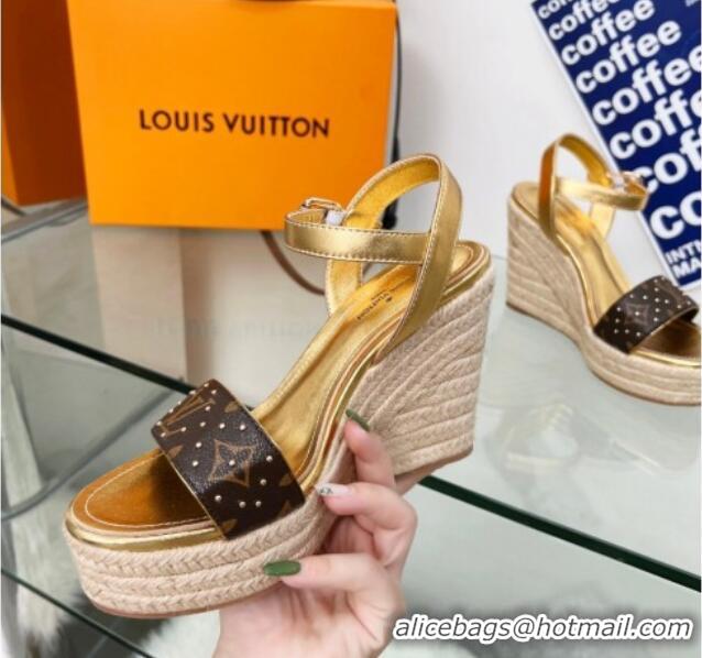 Stylish Louis Vuitton Starboard Wedge Sandal 10cm in Studded Monogram Canvas and Leather Gold 322031