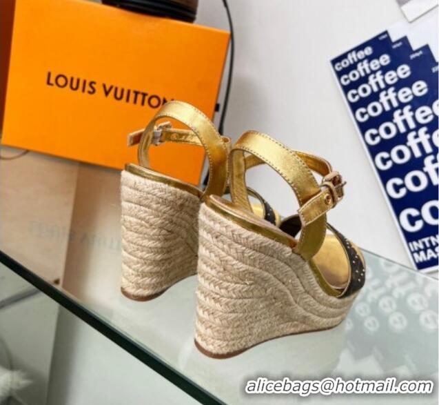 Stylish Louis Vuitton Starboard Wedge Sandal 10cm in Studded Monogram Canvas and Leather Gold 322031