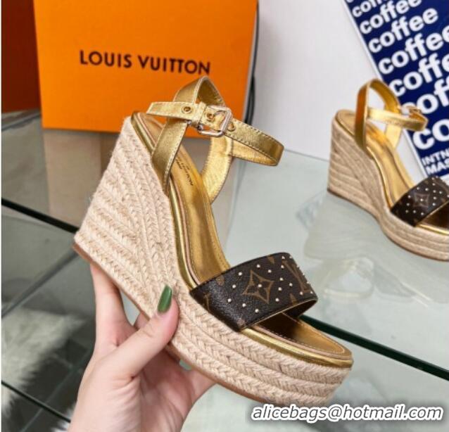 Stylish Louis Vuitton Starboard Wedge Sandal 10cm in Studded Monogram Canvas and Leather Gold 322031