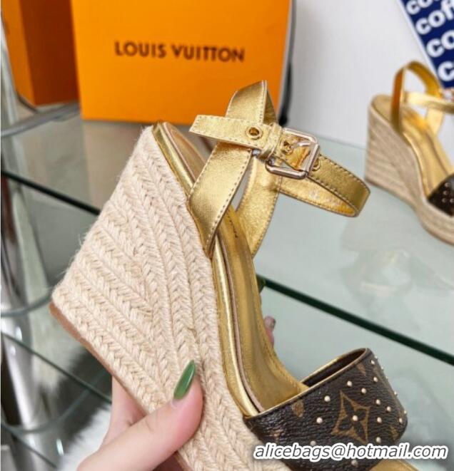 Stylish Louis Vuitton Starboard Wedge Sandal 10cm in Studded Monogram Canvas and Leather Gold 322031