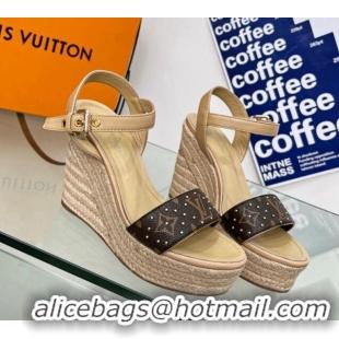 Top Design Louis Vuitton Starboard Wedge Sandal 10cm in Studded Monogram Canvas and Leather Nude 322032