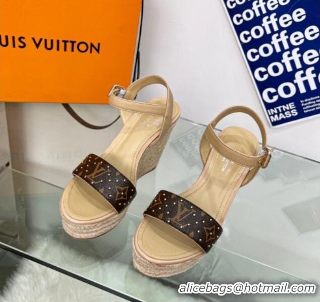 Top Design Louis Vuitton Starboard Wedge Sandal 10cm in Studded Monogram Canvas and Leather Nude 322032