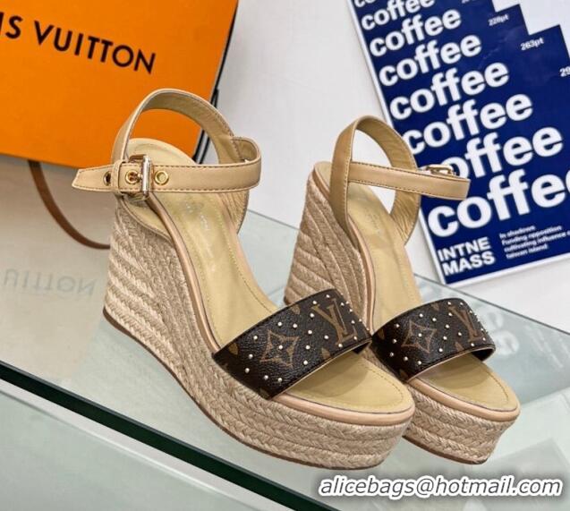 Top Design Louis Vuitton Starboard Wedge Sandal 10cm in Studded Monogram Canvas and Leather Nude 322032