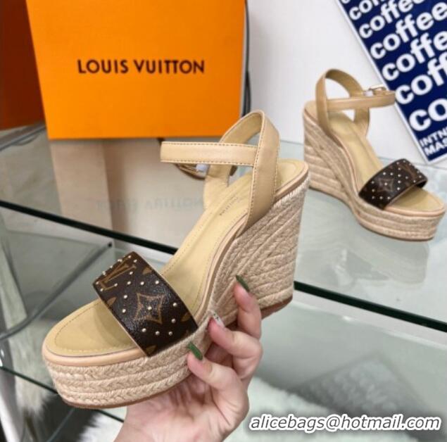 Top Design Louis Vuitton Starboard Wedge Sandal 10cm in Studded Monogram Canvas and Leather Nude 322032