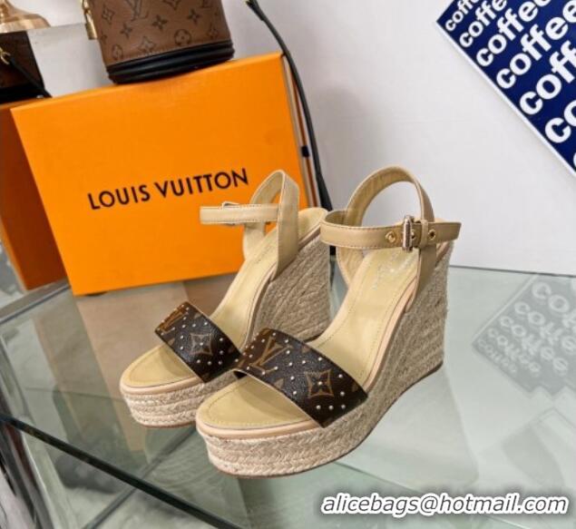 Top Design Louis Vuitton Starboard Wedge Sandal 10cm in Studded Monogram Canvas and Leather Nude 322032