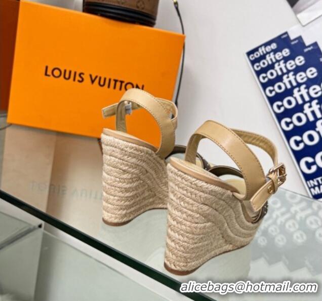 Top Design Louis Vuitton Starboard Wedge Sandal 10cm in Studded Monogram Canvas and Leather Nude 322032