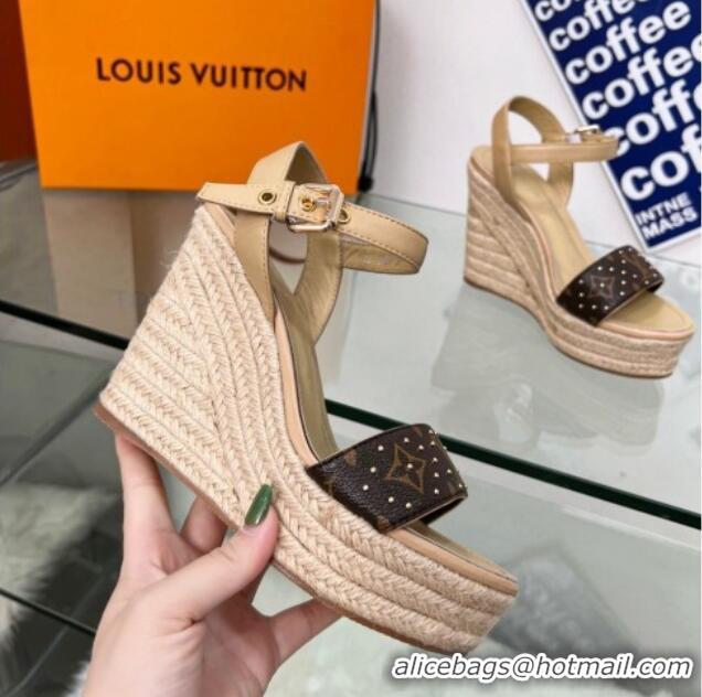 Top Design Louis Vuitton Starboard Wedge Sandal 10cm in Studded Monogram Canvas and Leather Nude 322032