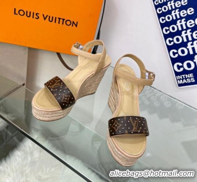 Top Design Louis Vuitton Starboard Wedge Sandal 10cm in Studded Monogram Canvas and Leather Nude 322032