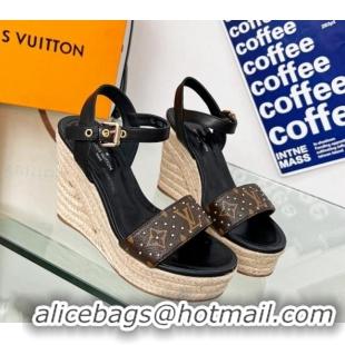 Purchase Louis Vuitton Starboard Wedge Sandal 10cm in Studded Monogram Canvas and Leather Black 322033