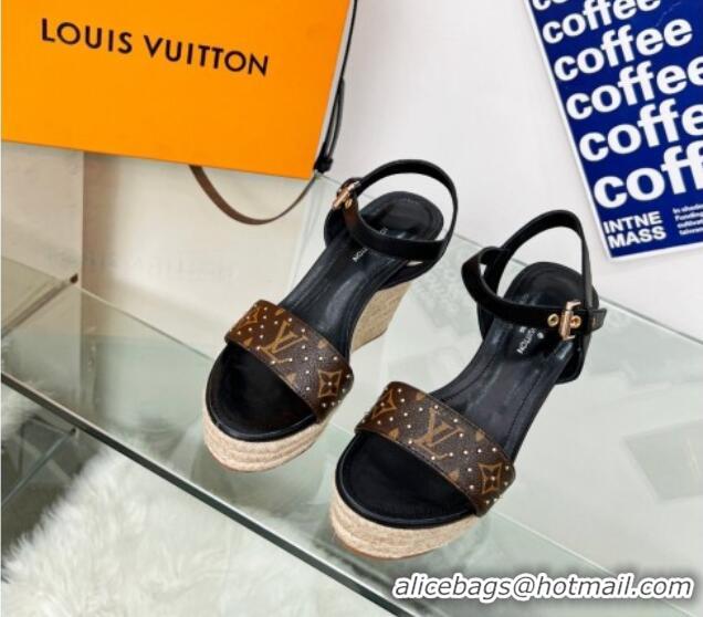 Purchase Louis Vuitton Starboard Wedge Sandal 10cm in Studded Monogram Canvas and Leather Black 322033