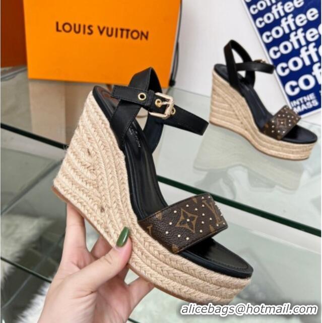 Purchase Louis Vuitton Starboard Wedge Sandal 10cm in Studded Monogram Canvas and Leather Black 322033